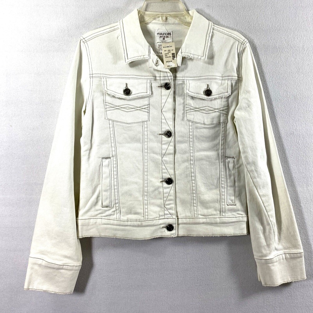 Maurice Jean Jacket Womens Medium Off White Denim Grunge Distress Gray Thread